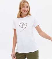 New Look White Heart Leopard Print Metallic Amour Logo T-Shirt
